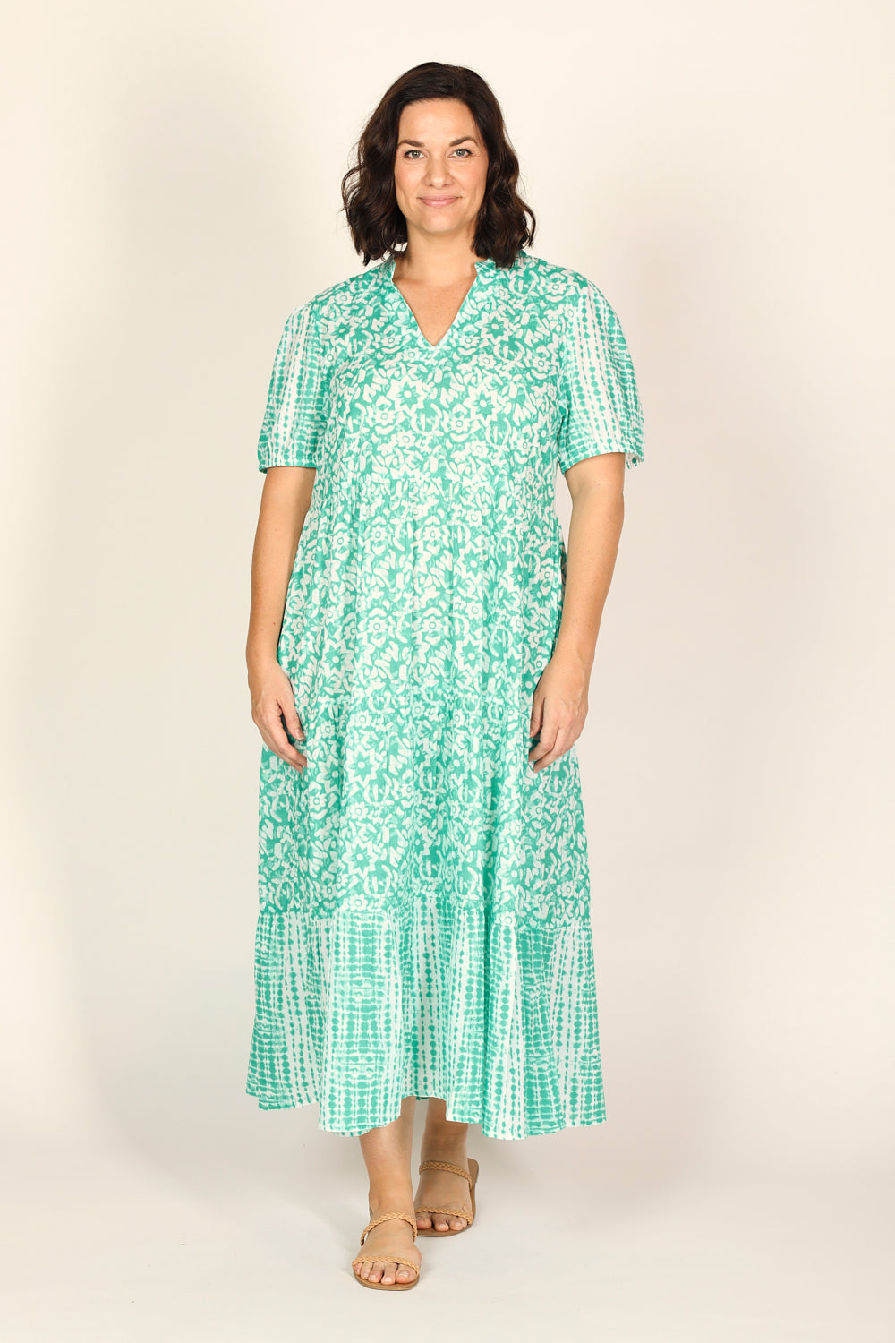 Sabre V-Neck Dress in Shibori Turquoise