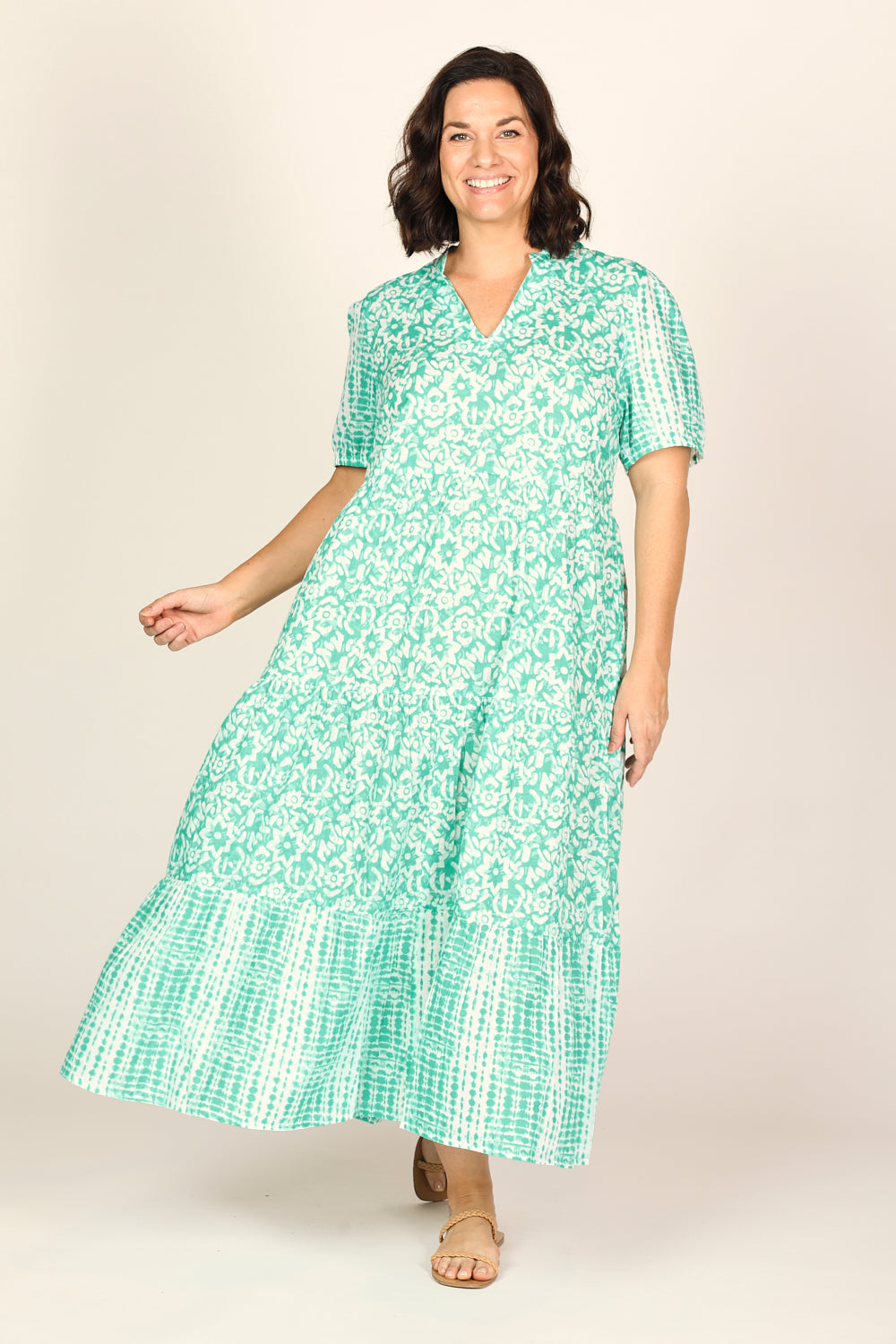 Sabre V-Neck Dress in Shibori Turquoise