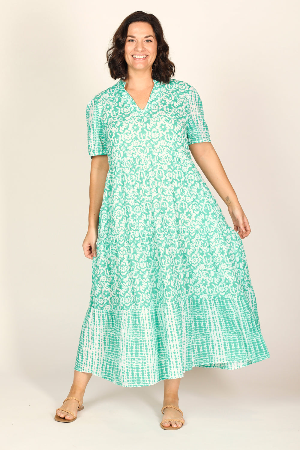 Sabre V-Neck Dress in Shibori Turquoise