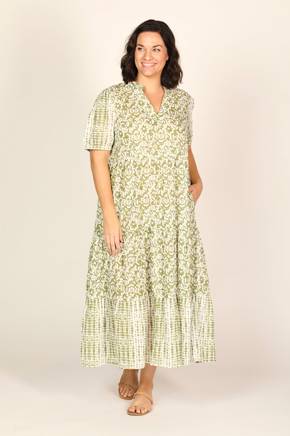 Sabre V-Neck Dress in Shibori Olive