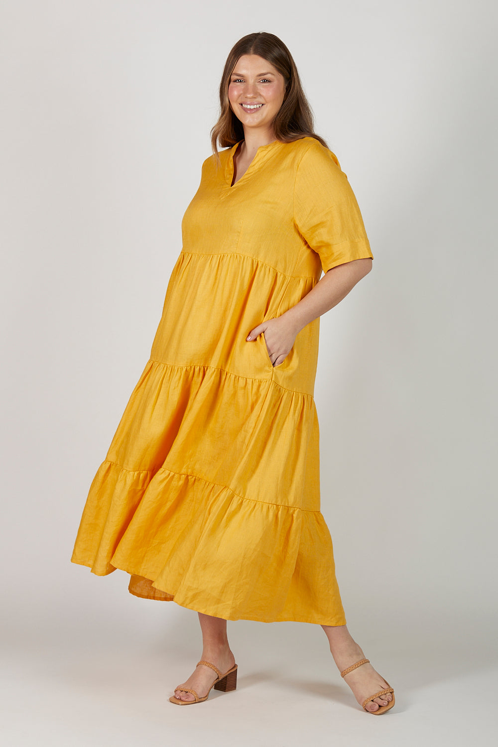 Sabre V-Neck Linen Dress in Golden Hour