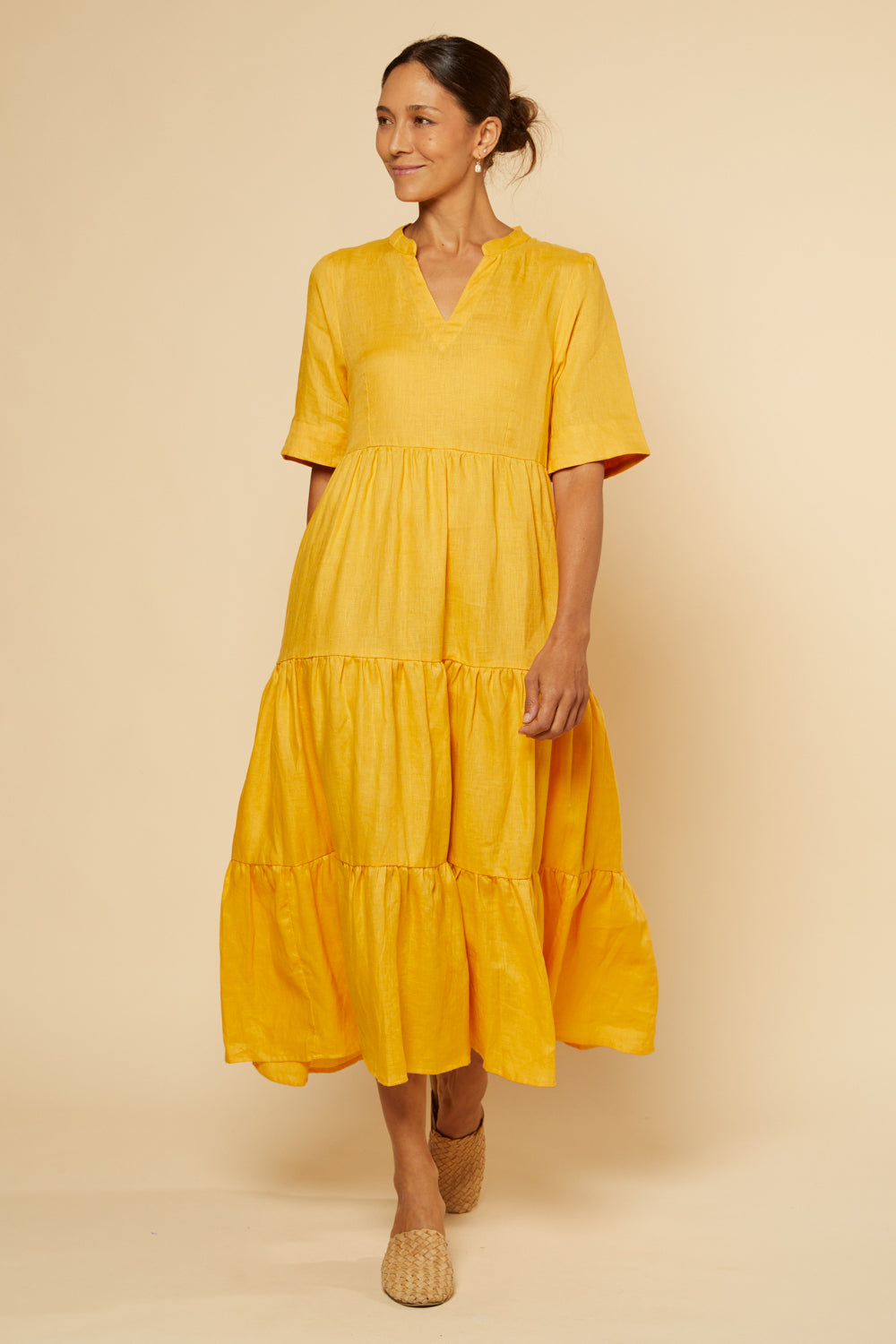 Sabre V-Neck Linen Dress in Golden Hour