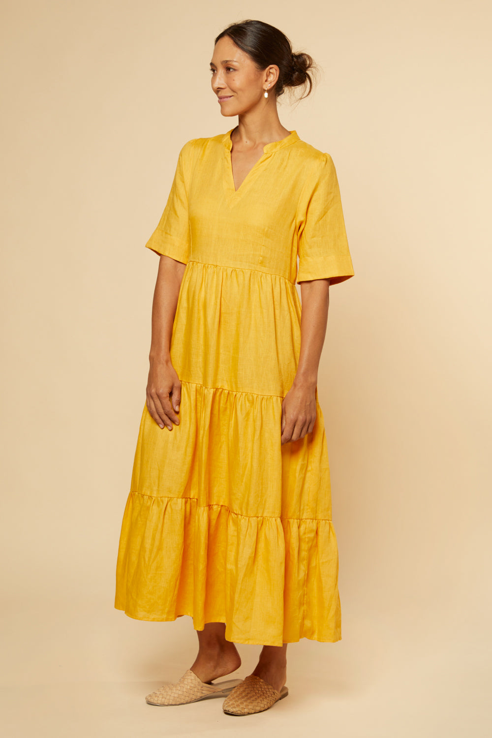 Sabre V-Neck Linen Dress in Golden Hour