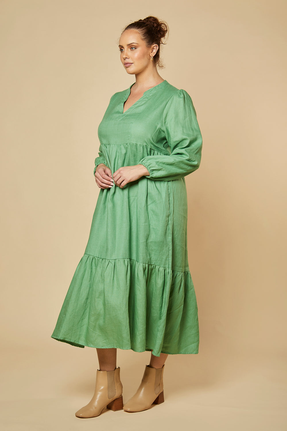 Sabre V-Neck Linen Dress in Jadesheen