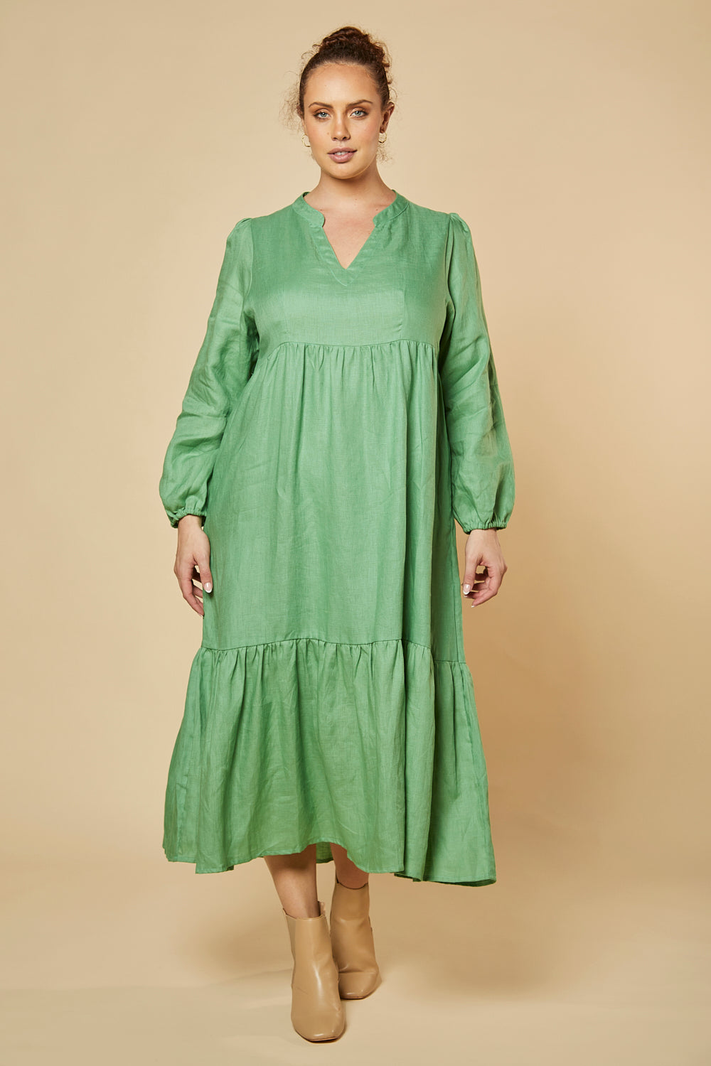 Sabre V-Neck Linen Dress in Jadesheen