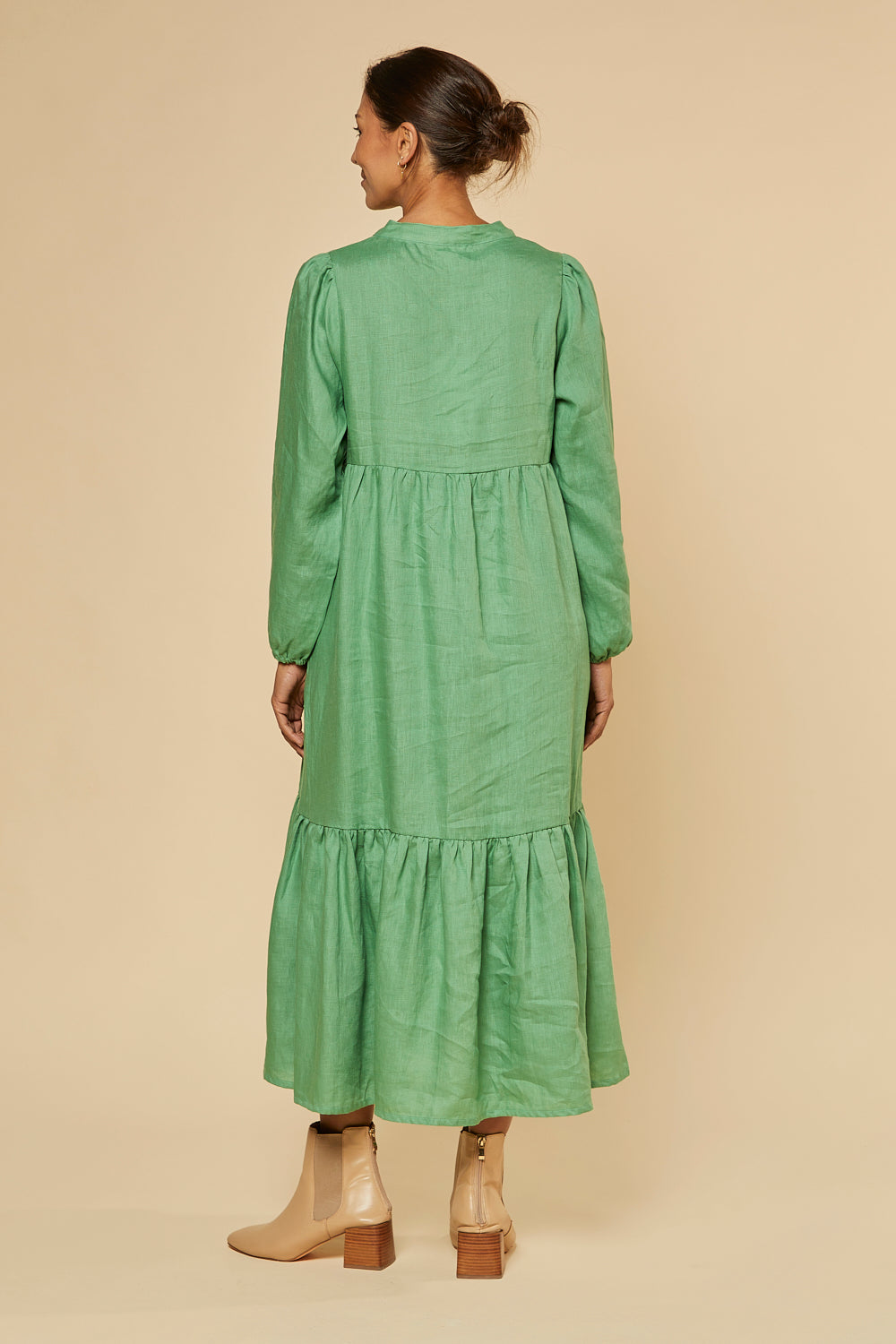 Sabre V-Neck Linen Dress in Jadesheen