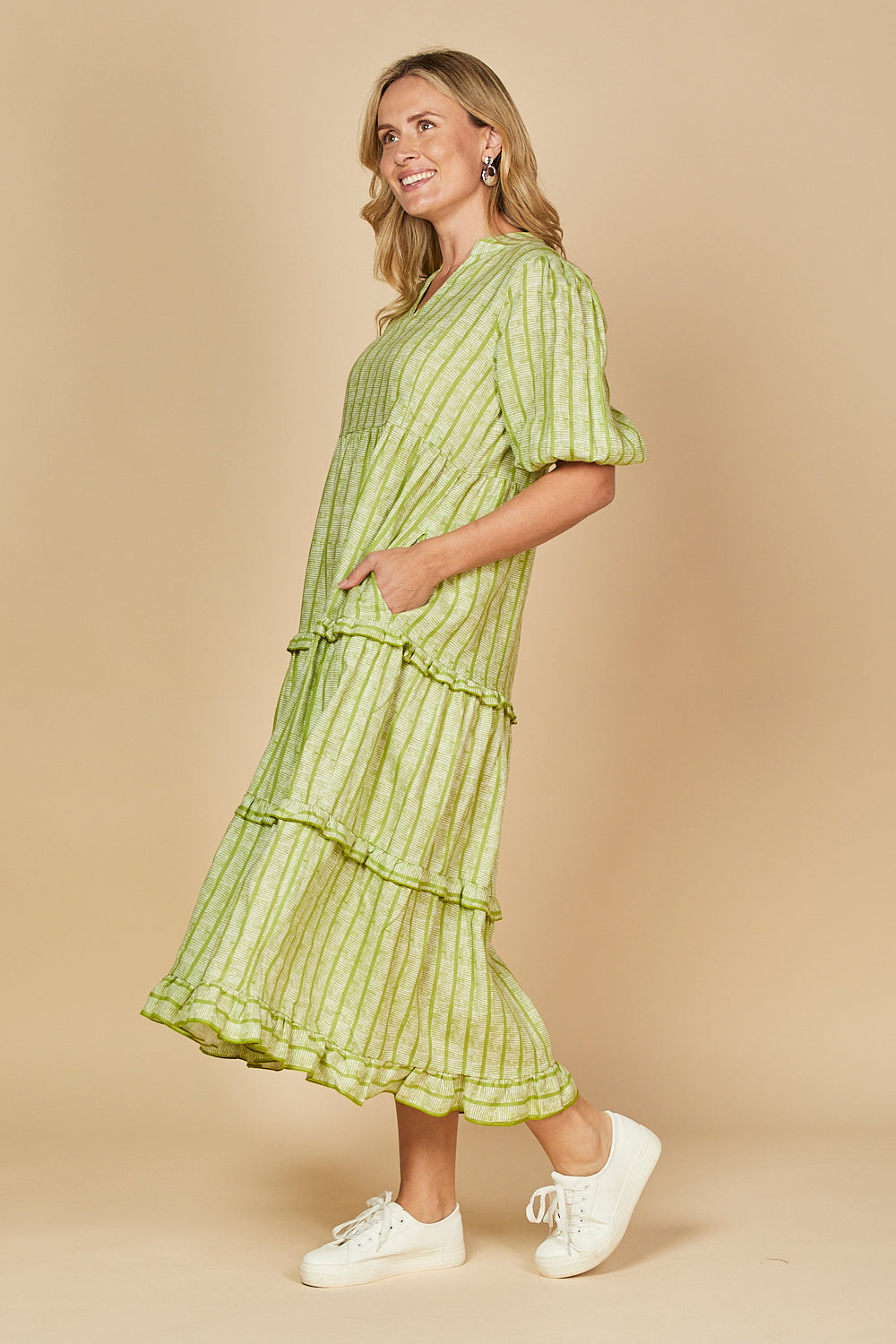 Sabre V-Neck Linen Dress in Sage