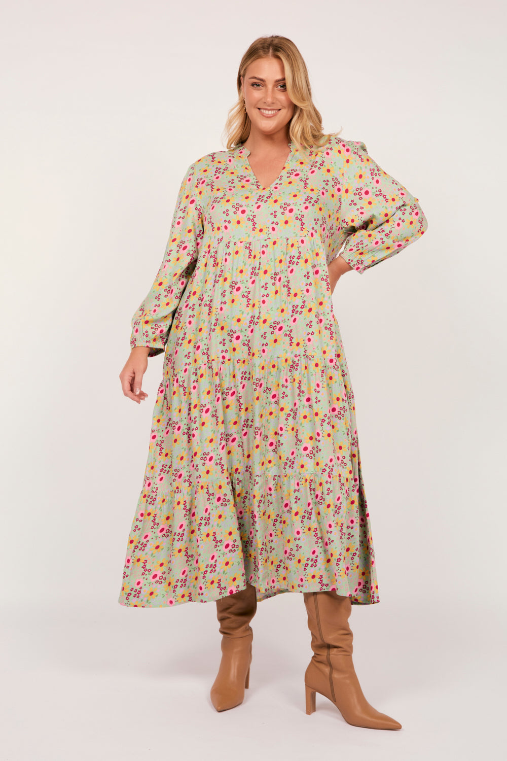 Sabre V-Neck Long Sleeve Dress in Autumn Posy