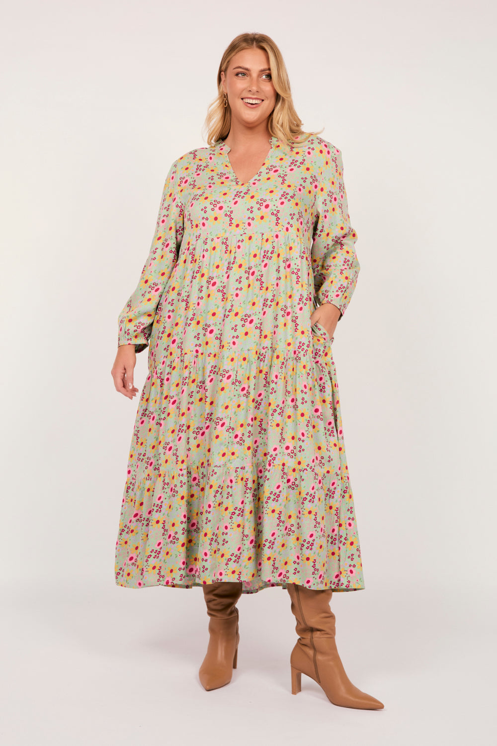 Sabre V-Neck Long Sleeve Dress in Autumn Posy