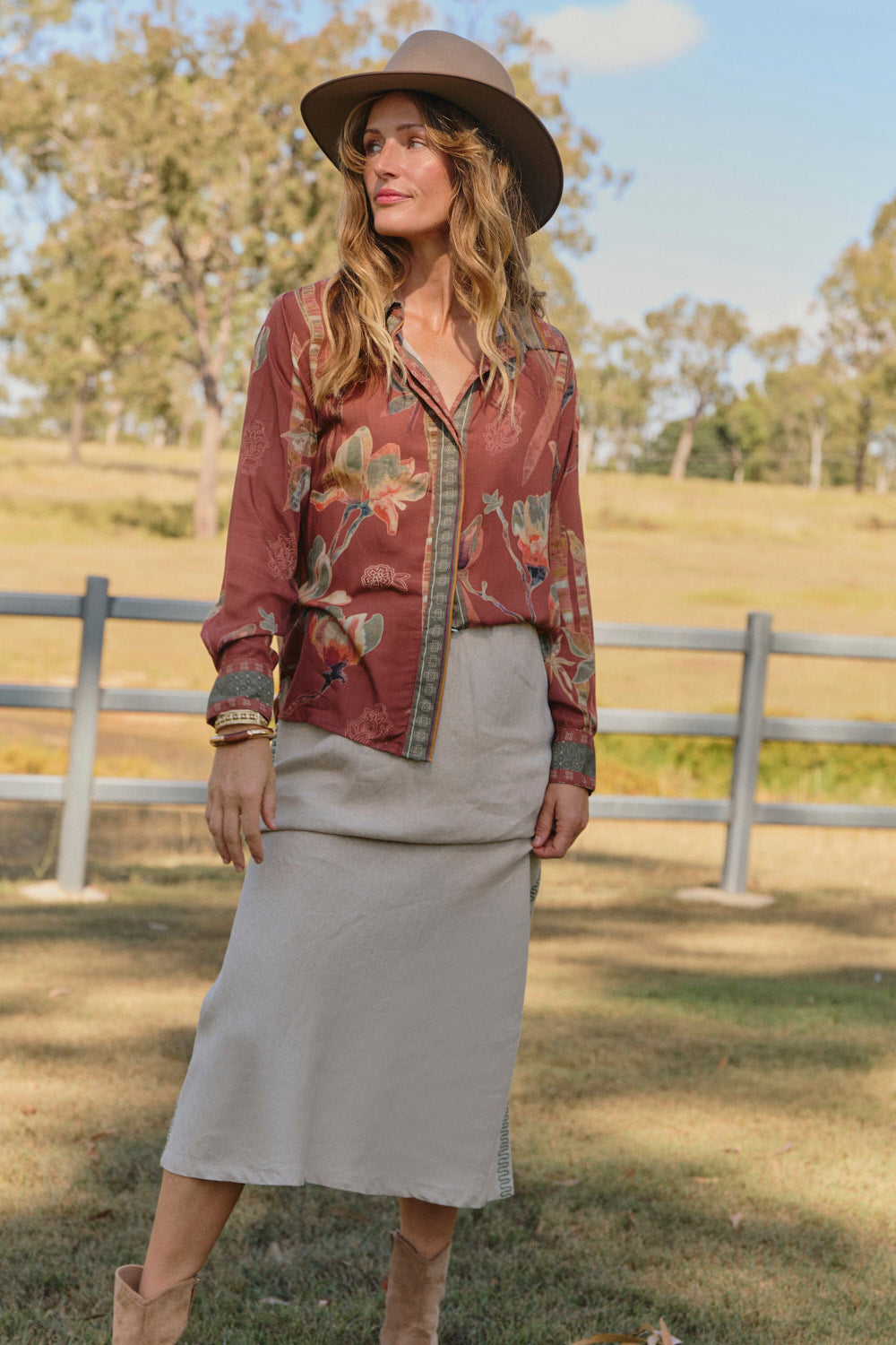 Sam Shirt in Outback paired with the Katie Bias Cut Skirt in Terra, effortless styled look by Adrift