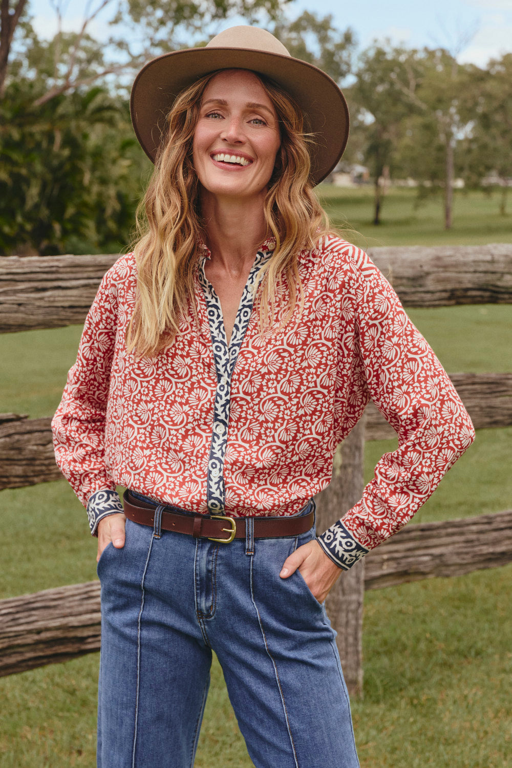Sam Shirt in Sundar Drift with curved high-low hemline and side splits, Adrift Clothing