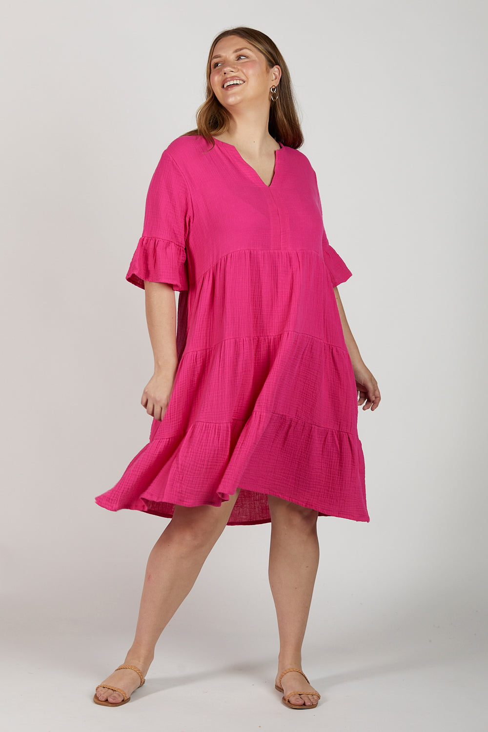 Scout Crinkle Cotton Tiered Dress in Pink Glo