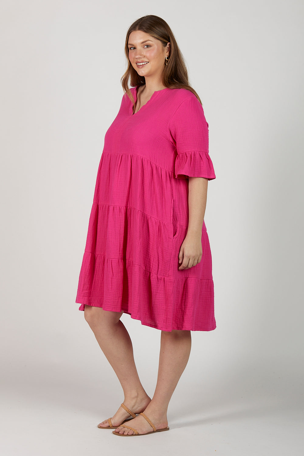 Scout Crinkle Cotton Tiered Dress in Pink Glo