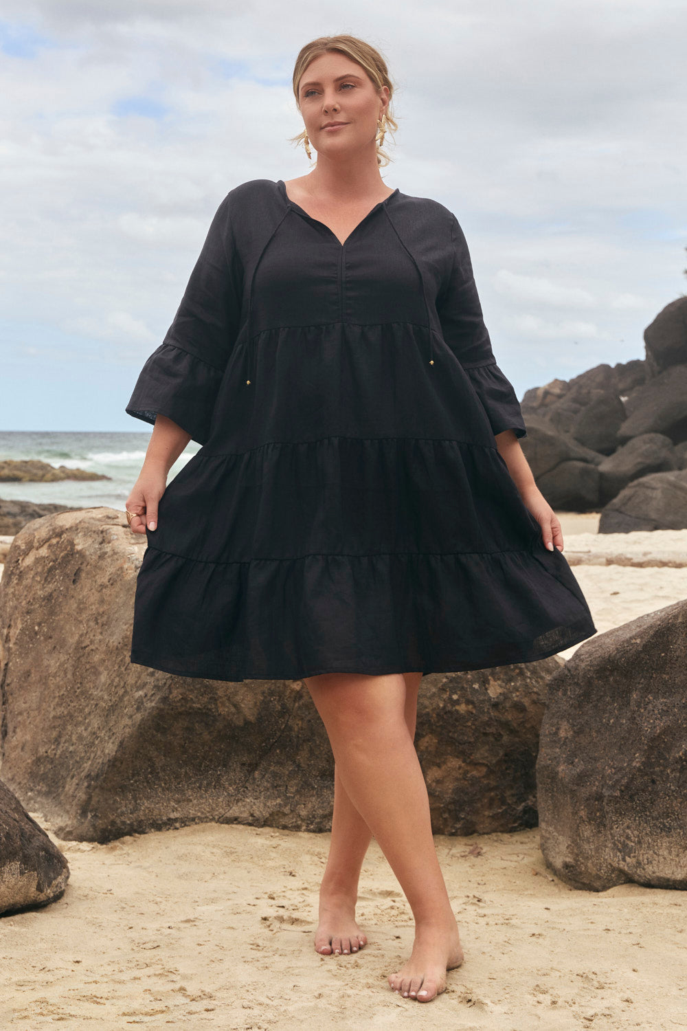 Scout Linen Bell Sleeve Dress in Black