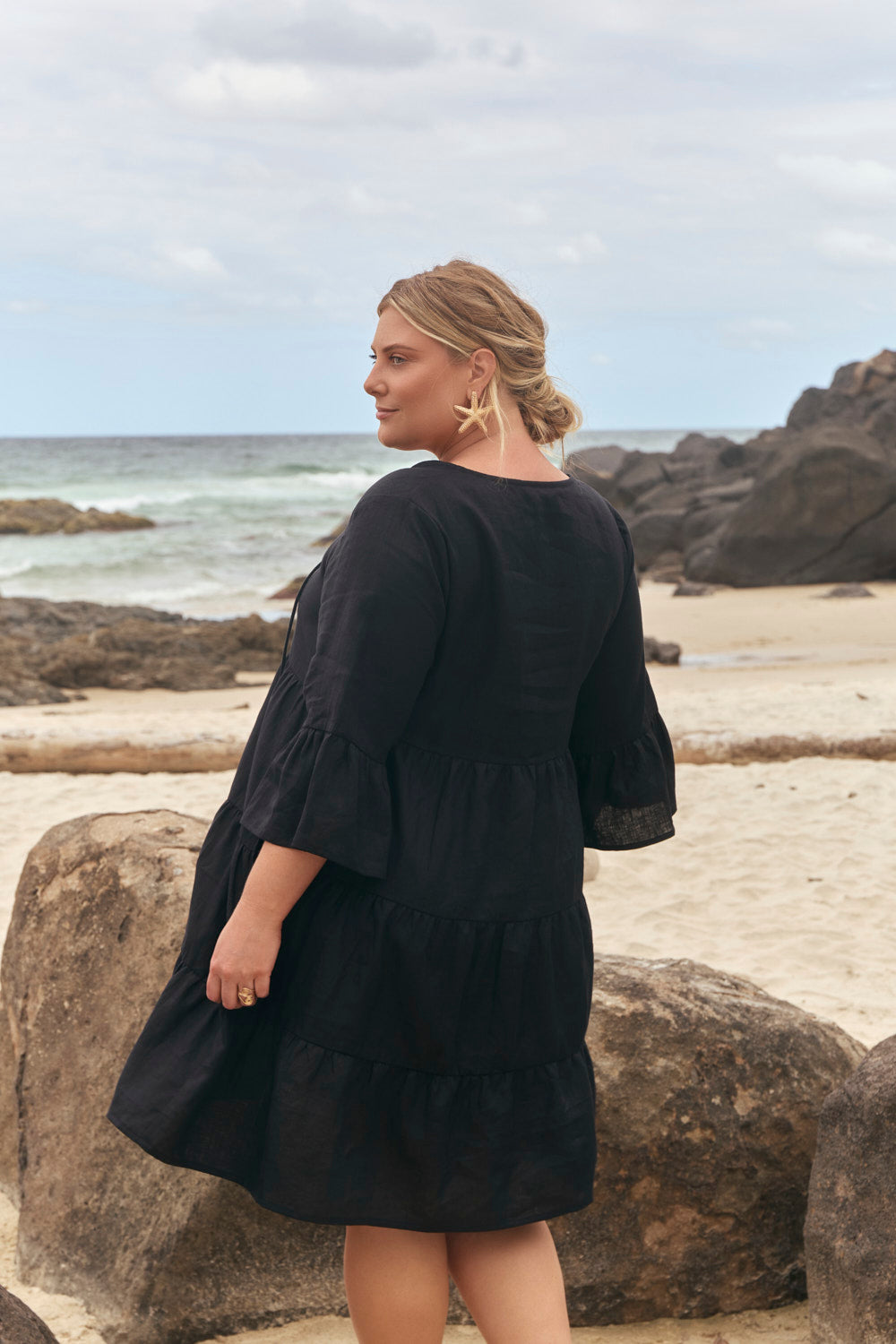 Scout Linen Bell Sleeve Dress in Black