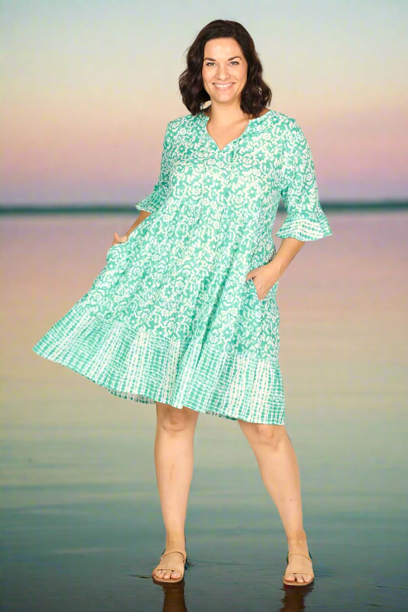 Scout Tiered Dress in Shibori Turquoise