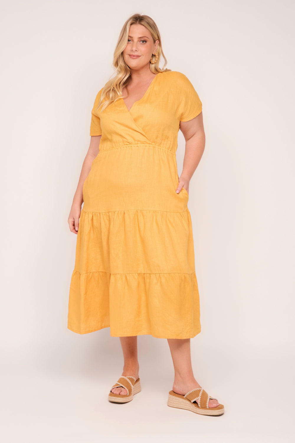 Shari Linen V-Neck Dress in Golden Hour