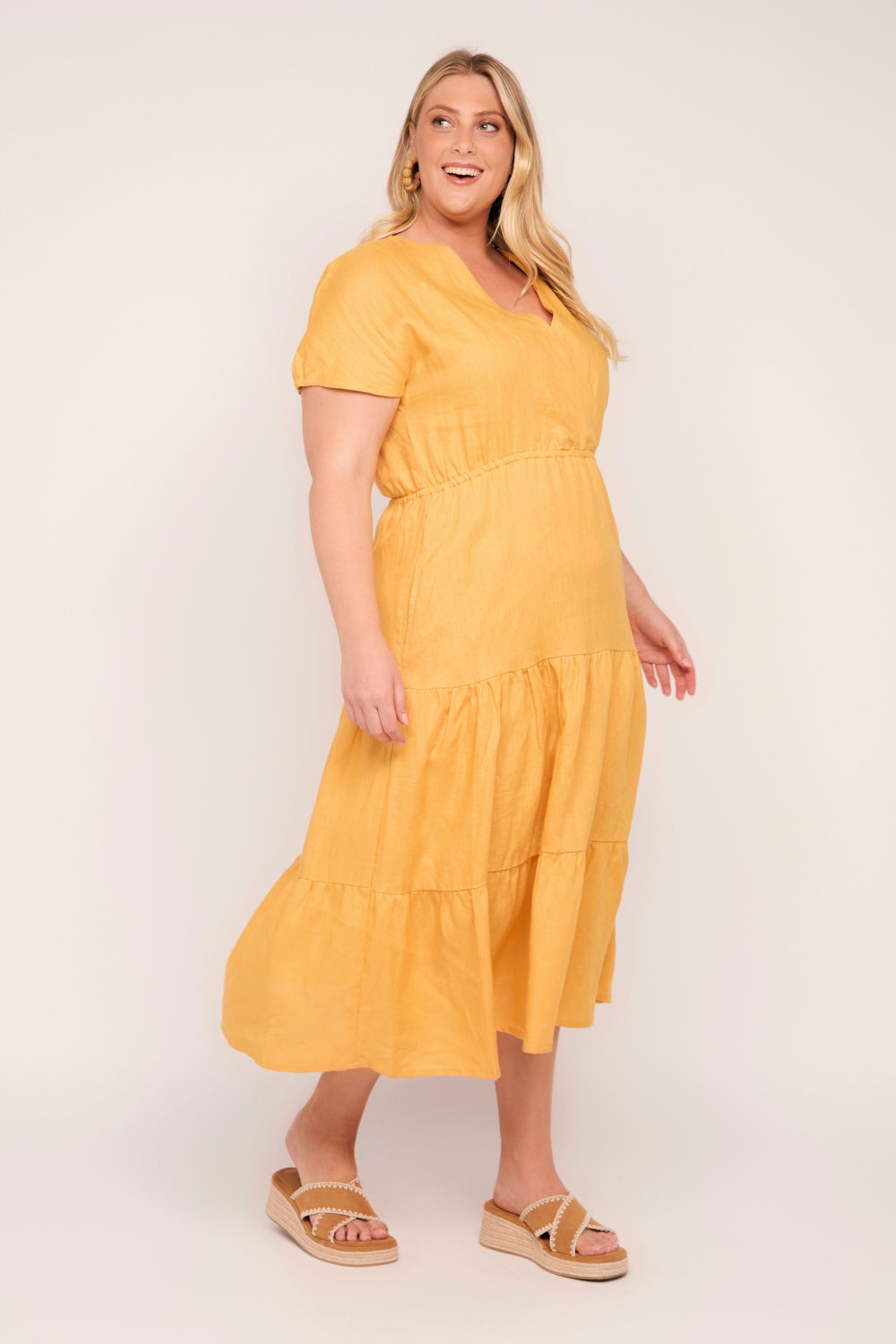 Shari Linen V-Neck Dress in Golden Hour