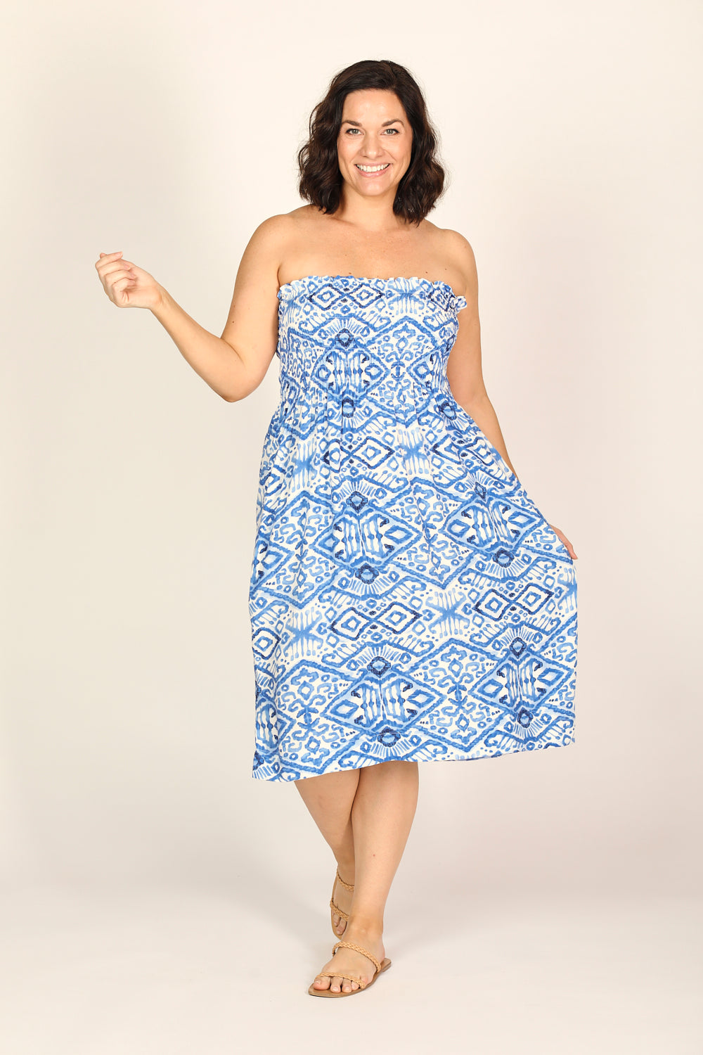 Sherry Shirred Strapless Sundress in Azure Sky