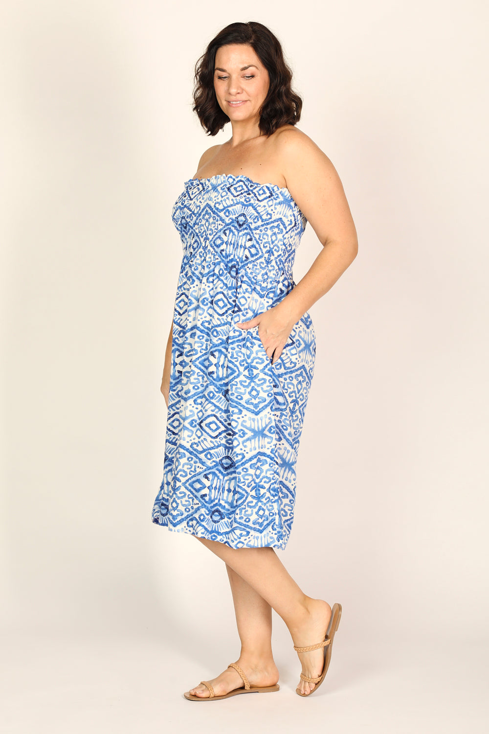 Sherry Shirred Strapless Sundress in Azure Sky