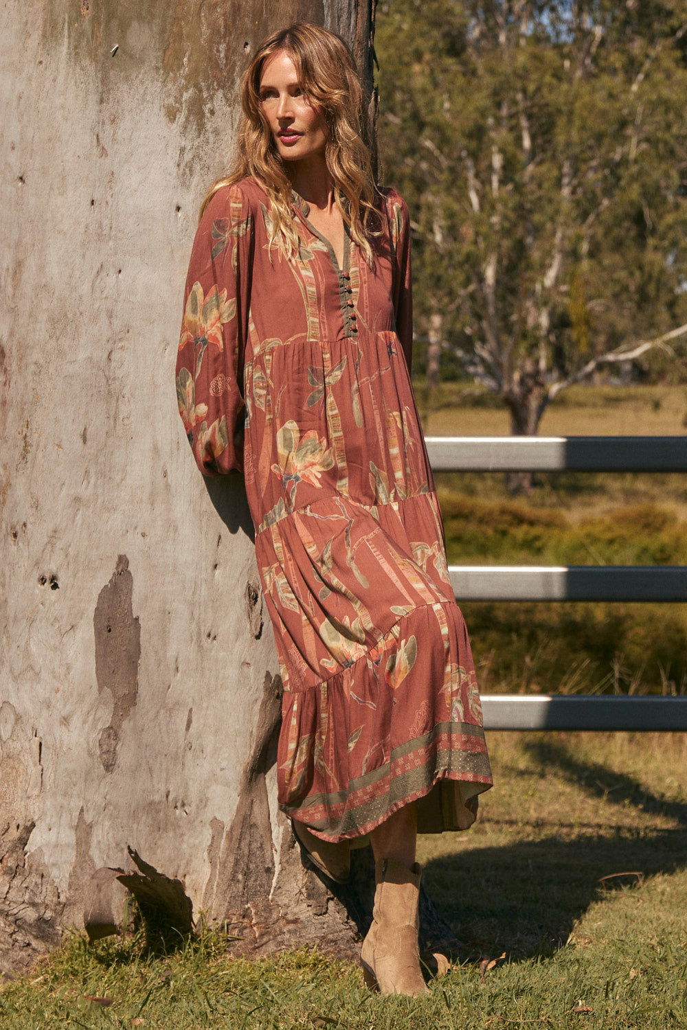 Sienna Billow Sleeve Dress in Outback, effortless shape designed in Brisbane Australia