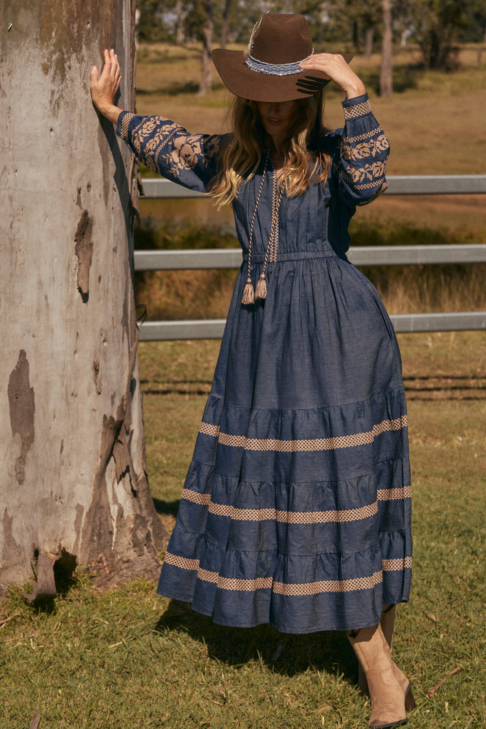 Tabitha Embroidered Chambray Dress in Mid Wash with round neckline and v-notch, Adrift Clothing