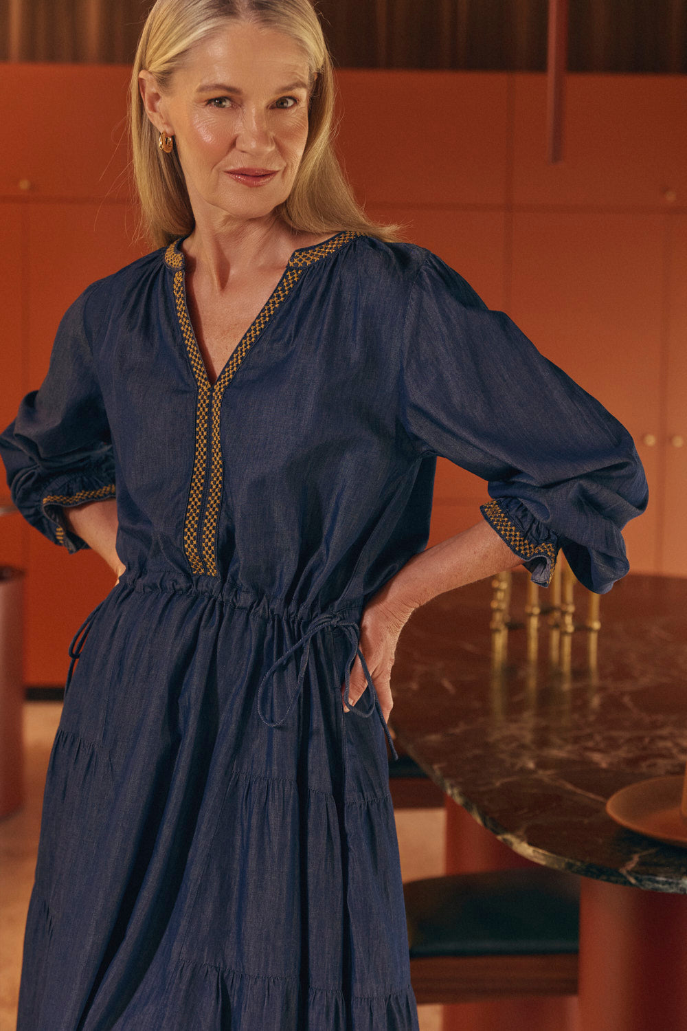 Tallulah Chambray Drawstring Dress in Dark Wash, Midi Dress - Adrift Clothing