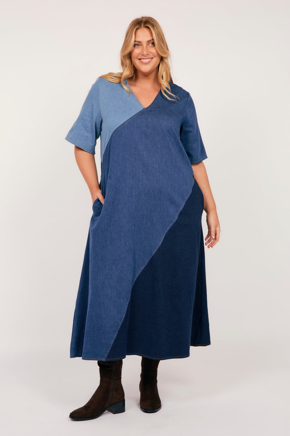 Tamara Denim Spliced Dress in Patchwork