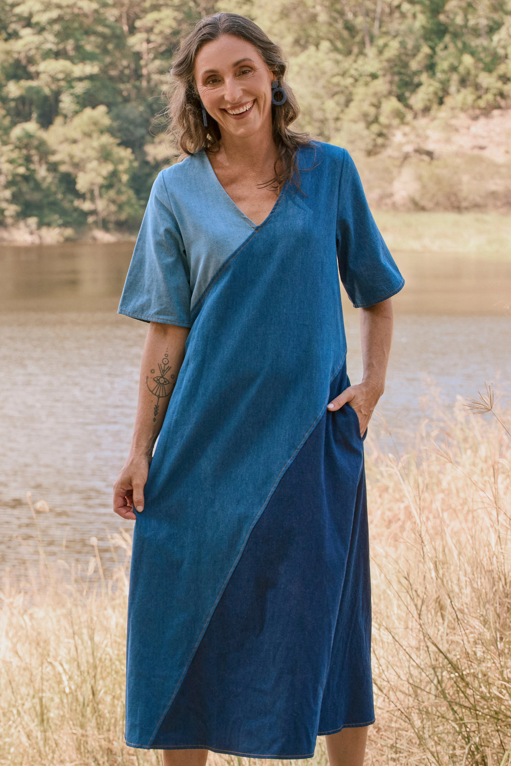 Tamara Denim Spliced Dress in Patchwork