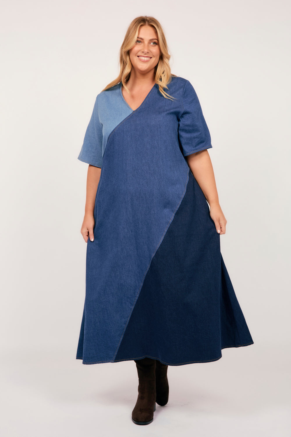 Tamara Denim Spliced Dress in Patchwork