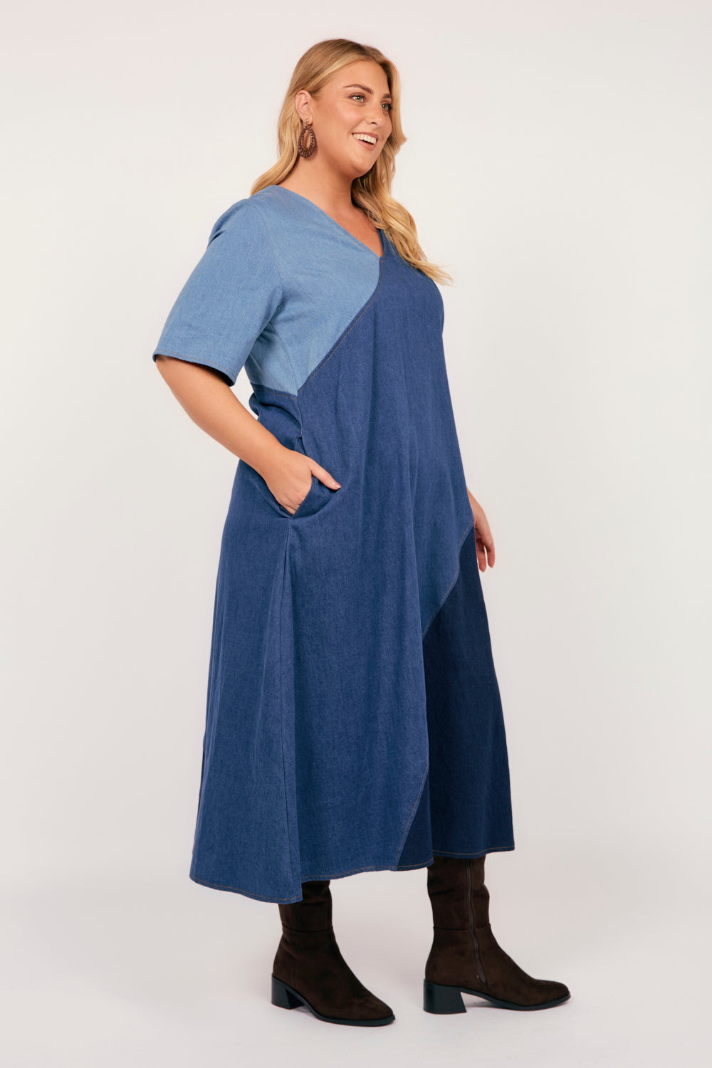 Tamara Denim Spliced Dress in Patchwork