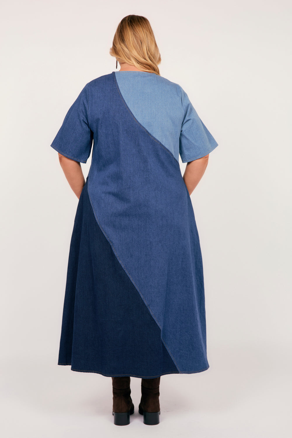 Tamara Denim Spliced Dress in Patchwork