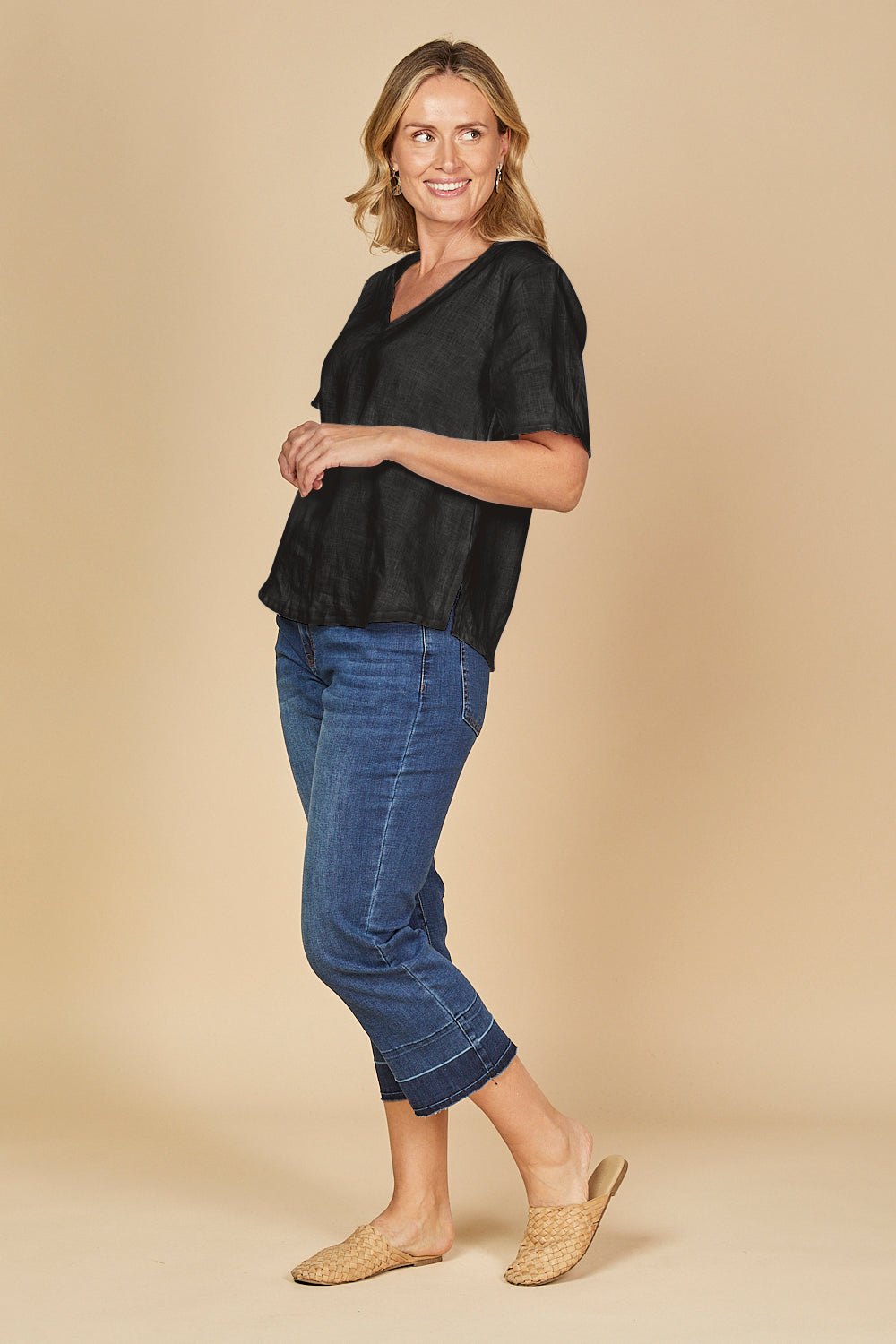 Tamara Flutter Sleeve Linen Top in Black