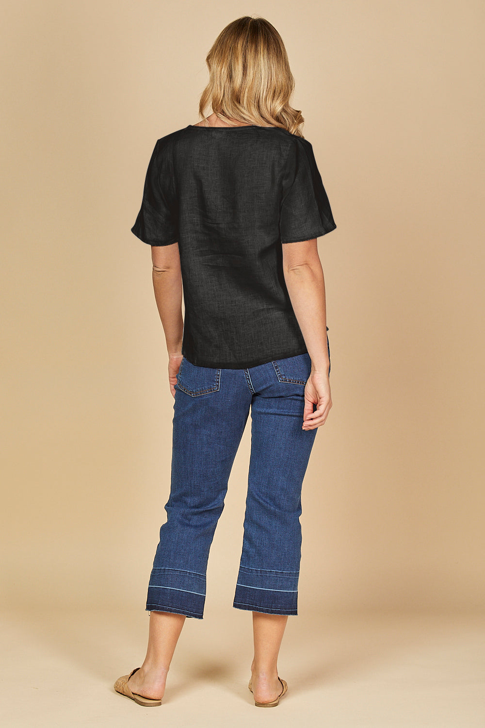 Tamara Flutter Sleeve Linen Top in Black