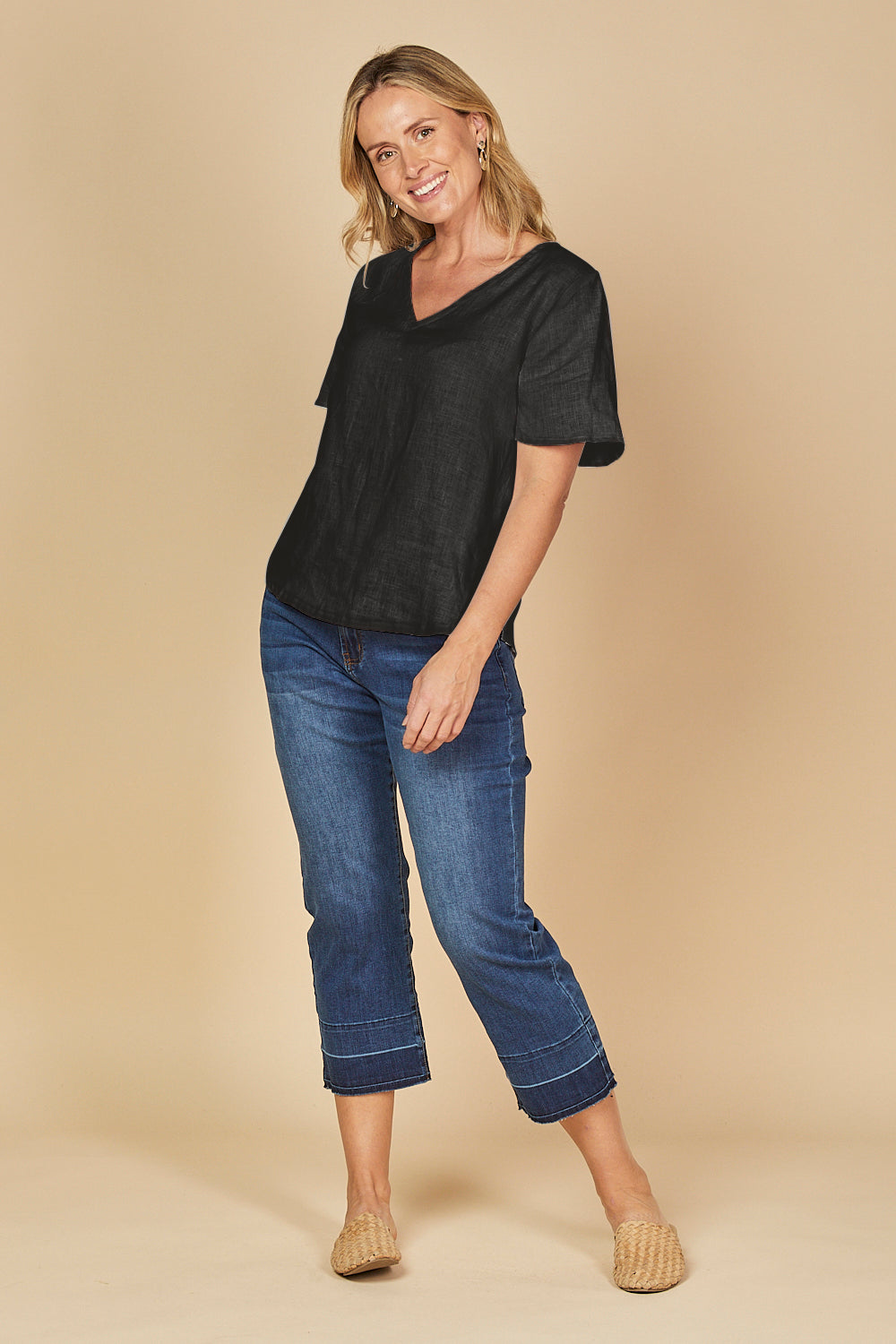 Tamara Flutter Sleeve Linen Top in Black