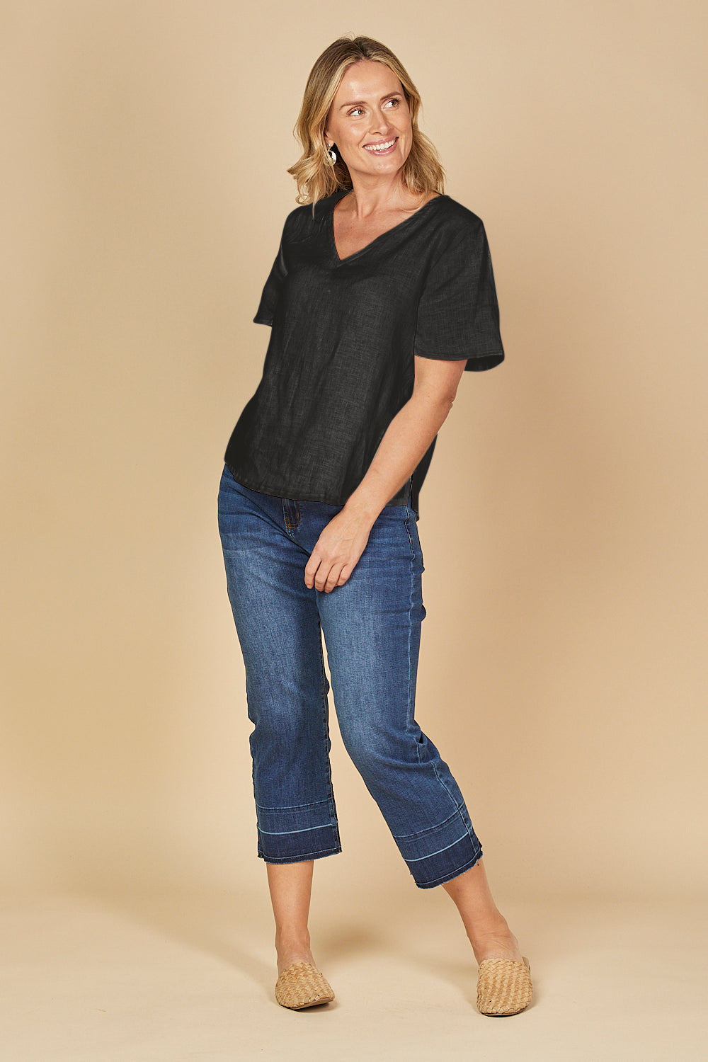 Tamara Flutter Sleeve Linen Top in Black