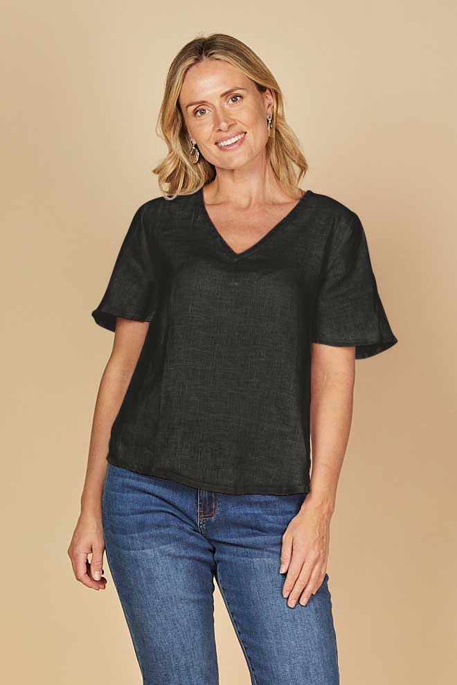 Tamara Flutter Sleeve Linen Top in Black