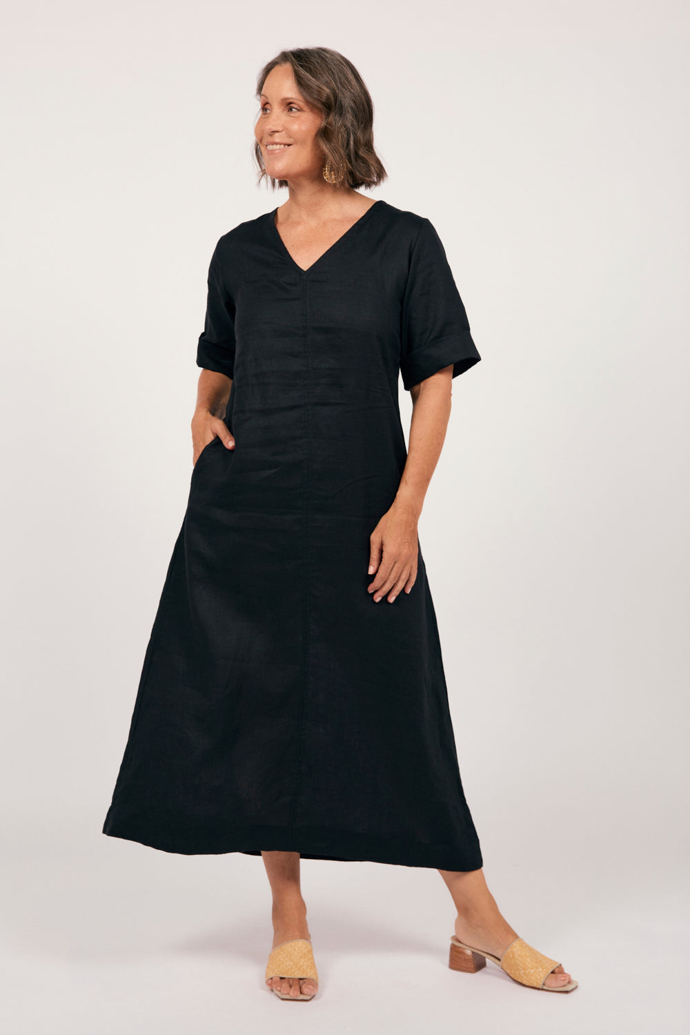 Tamara Linen V-Neck Dress in Black