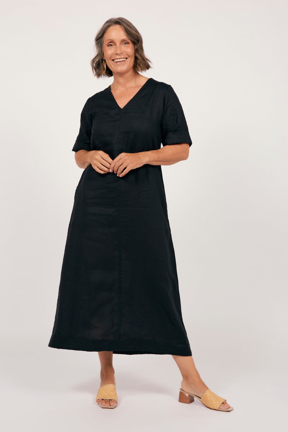 Tamara Linen V-Neck Dress in Black