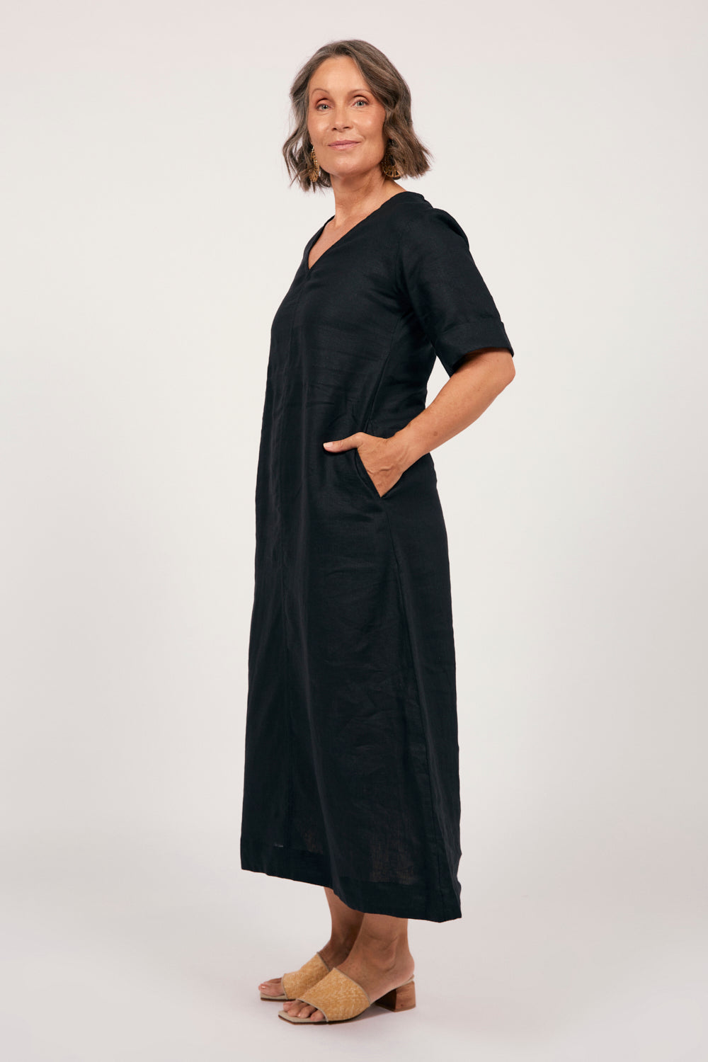 Tamara Linen V-Neck Dress in Black