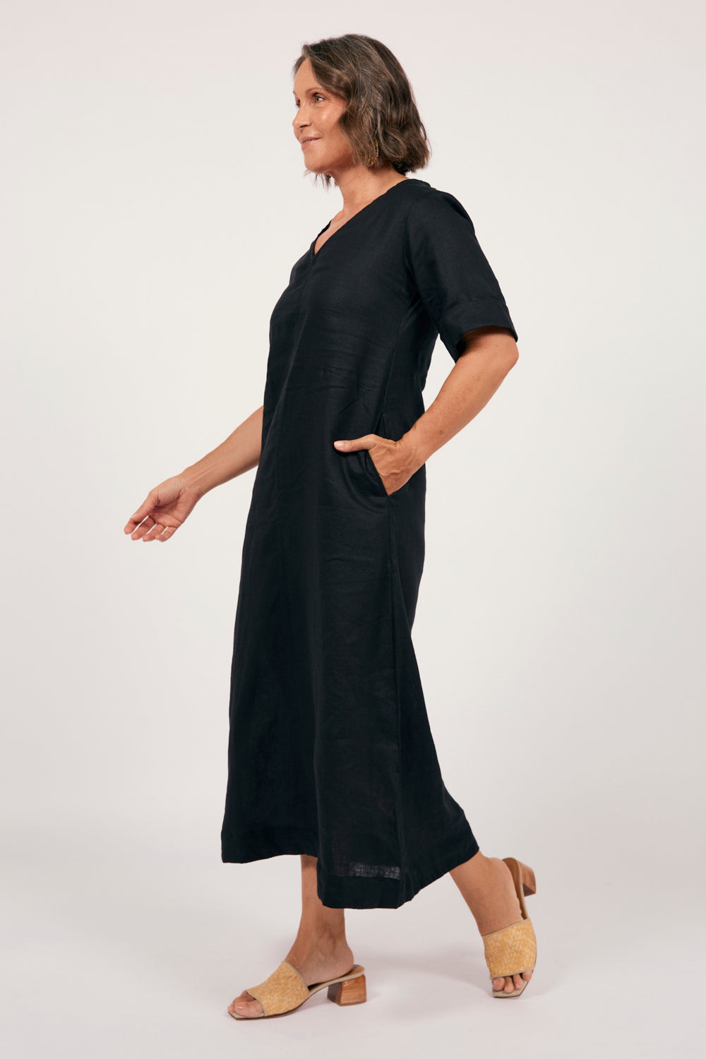 Tamara Linen V-Neck Dress in Black