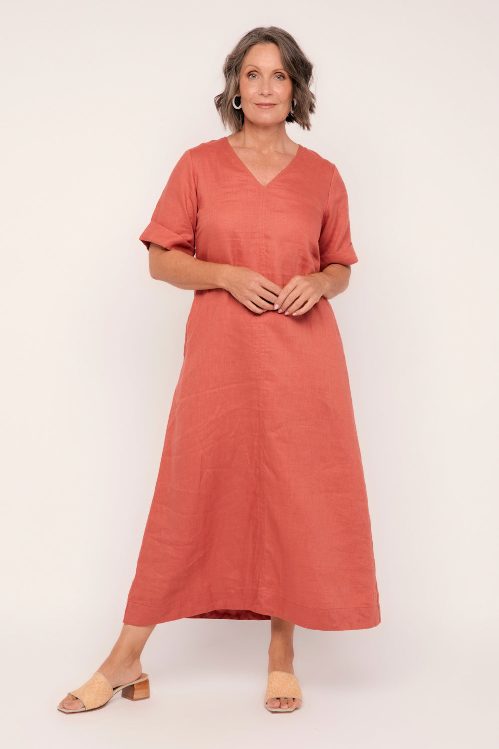 Tamara Linen V-Neck Dress in Desert Rose