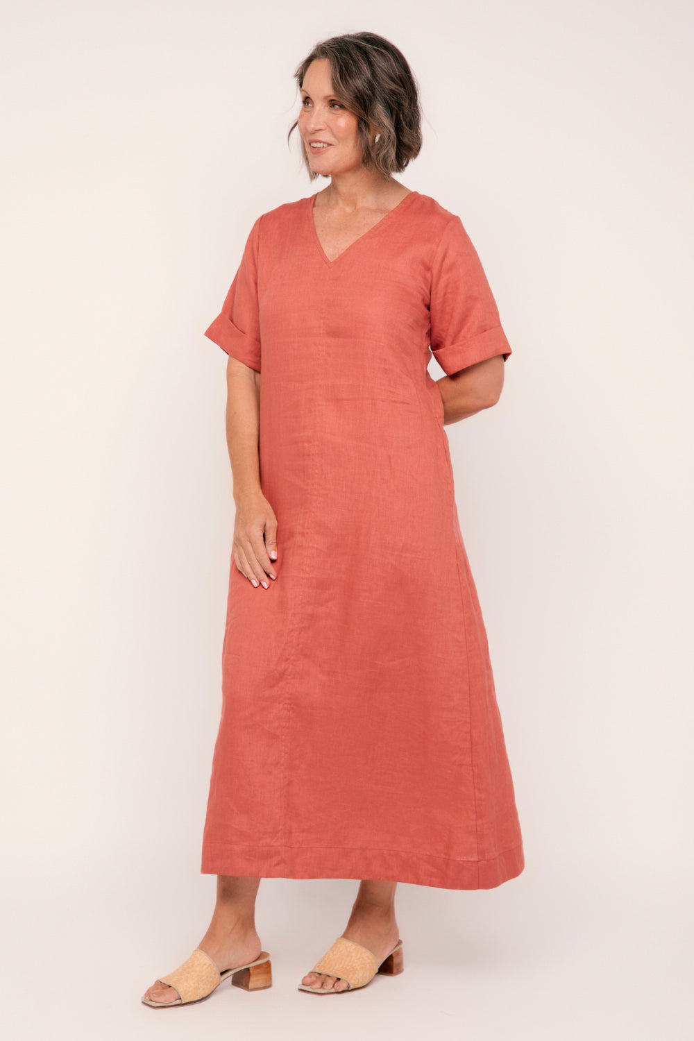 Tamara Linen V-Neck Dress in Desert Rose