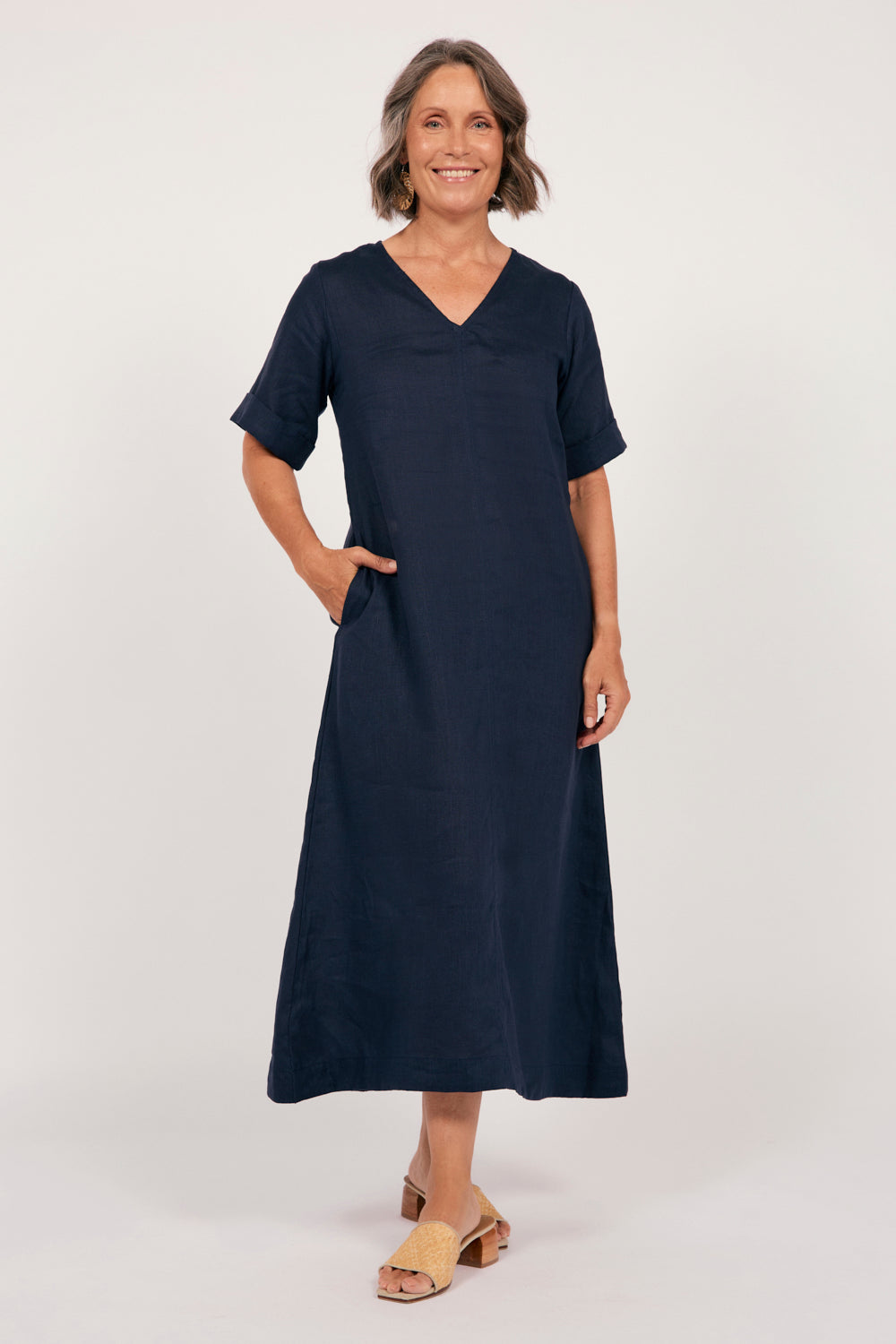 Tamara Linen V-Neck Dress in Navy