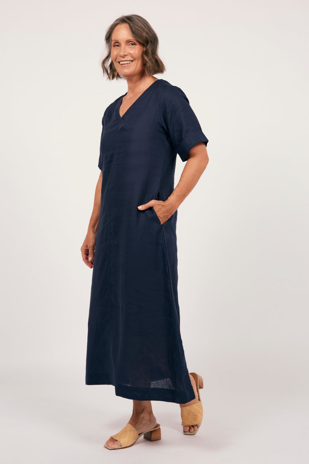 Tamara Linen V-Neck Dress in Navy