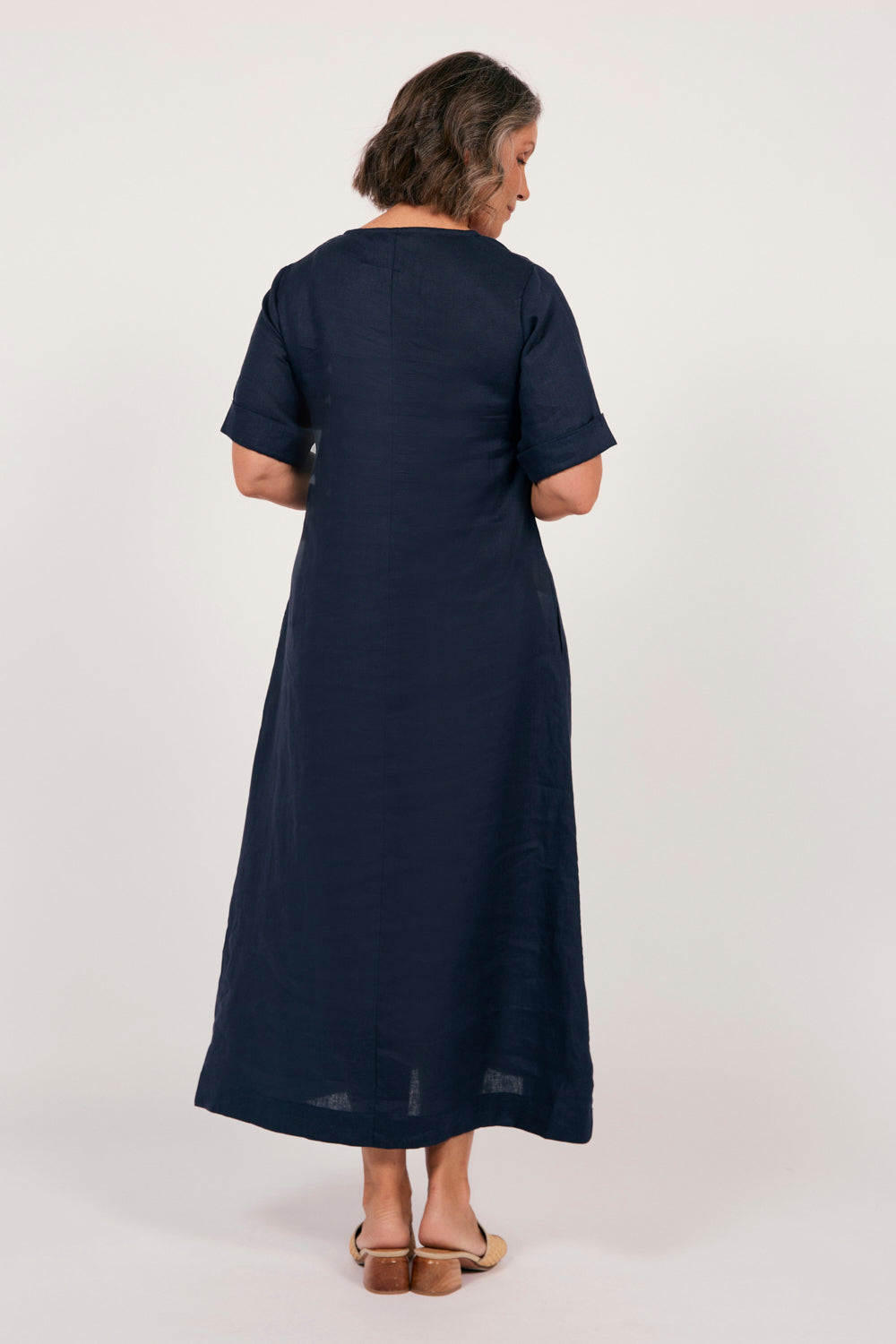 Tamara Linen V-Neck Dress in Navy