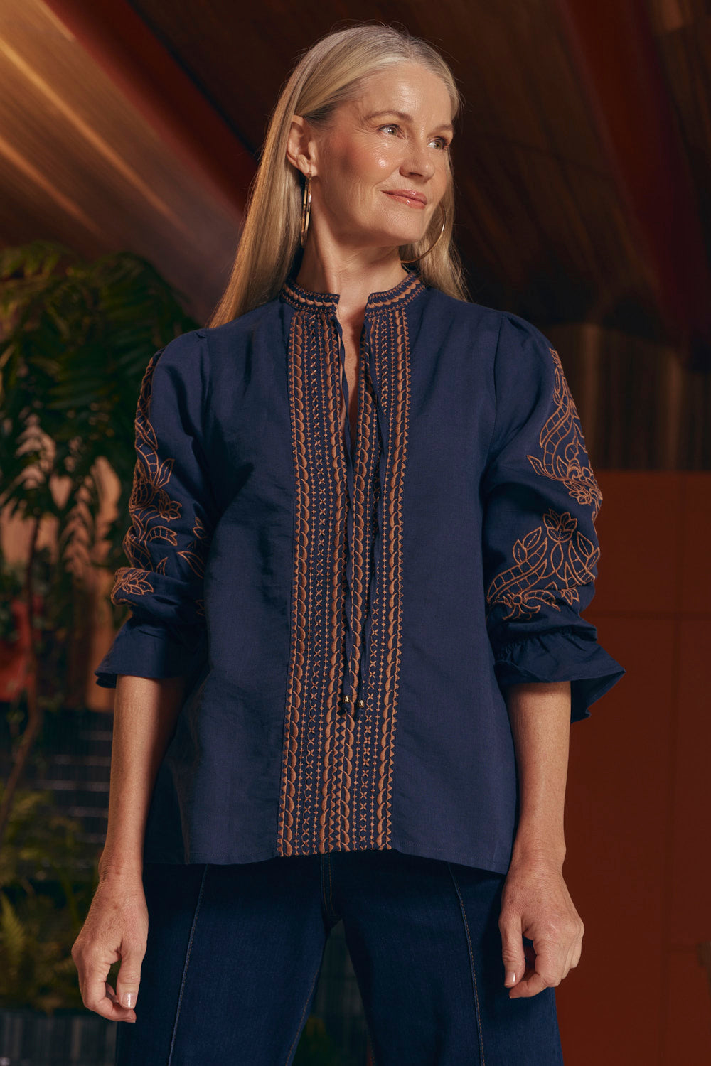 Tanya Embroidered Blouse in Navy
