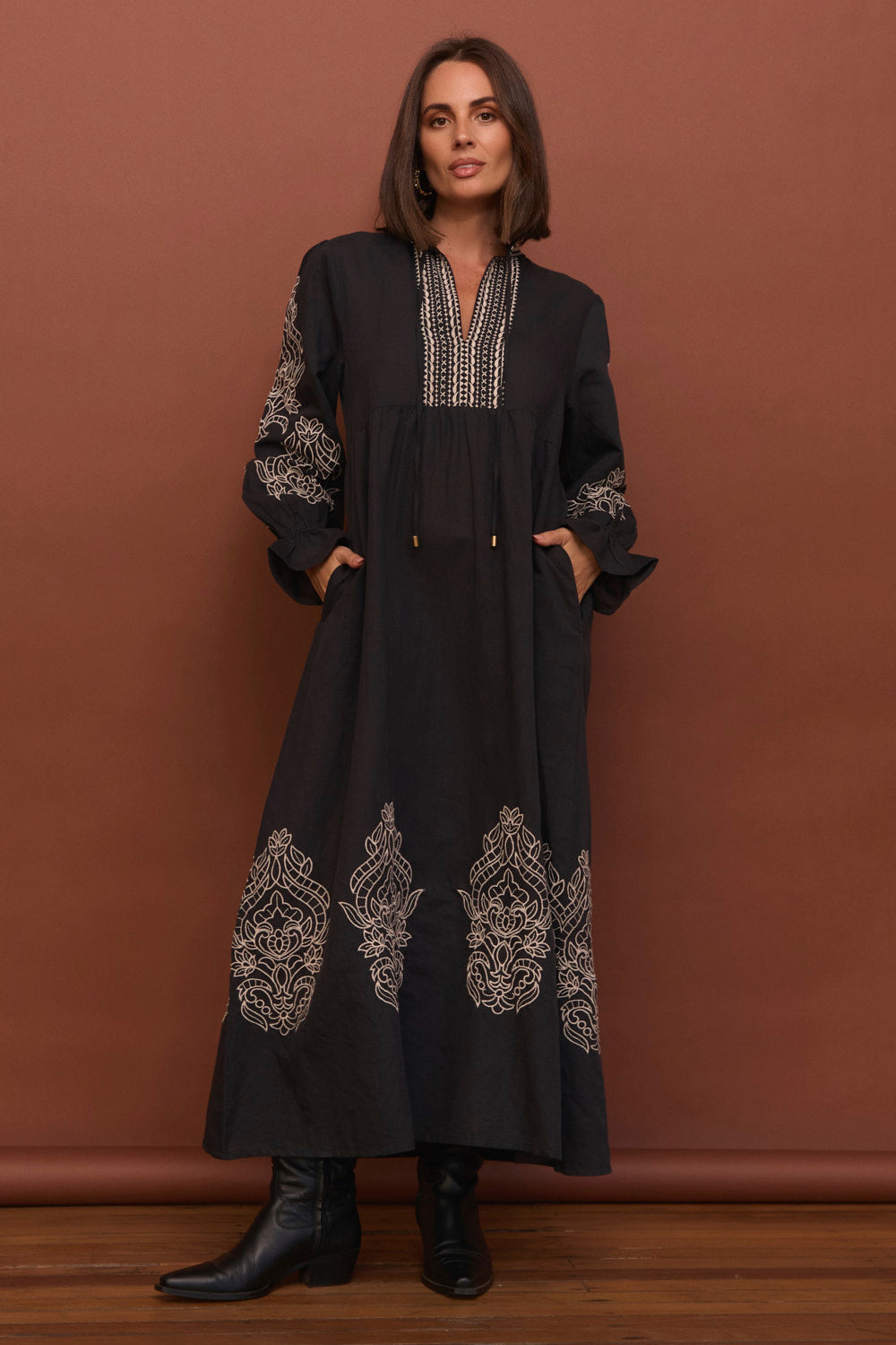 Tanya Embroidered Dress in Midnight