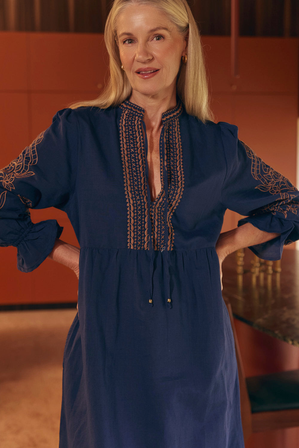 Tanya Embroidered Dress in Navy