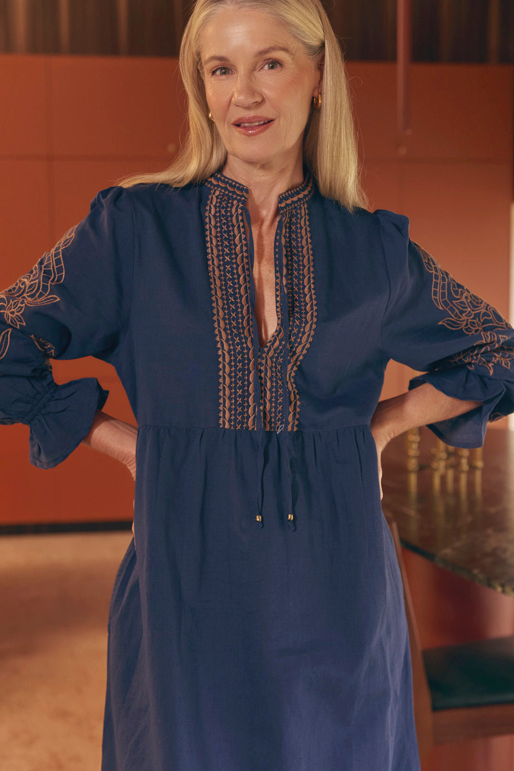 Tanya Embroidered Dress in Navy